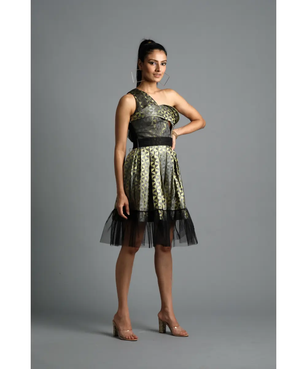 AASTHA SOOD - Steal grey Geometric Brocade Dress